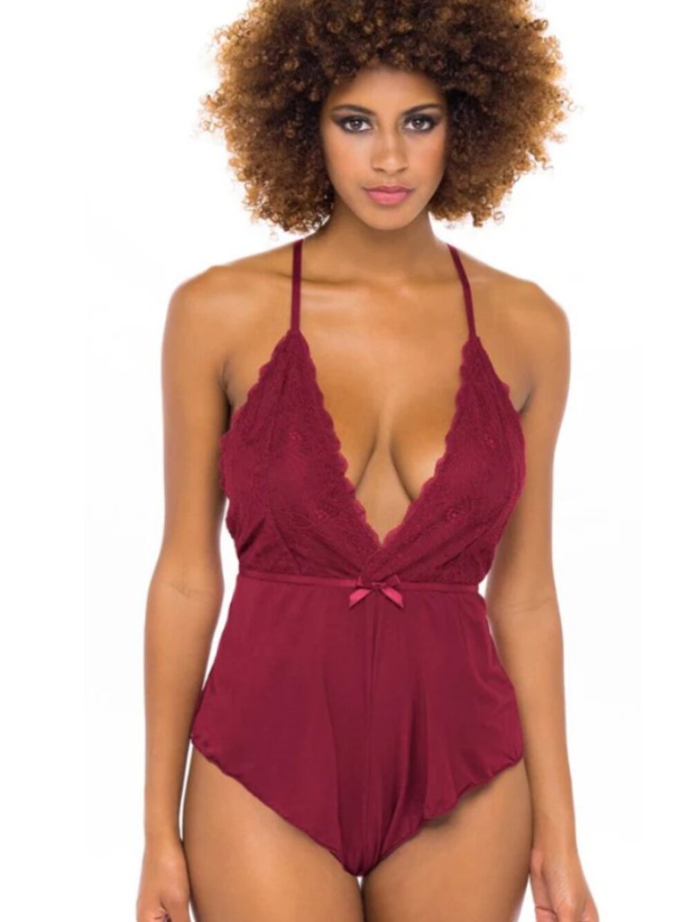 NWT Oh La La Cheri Romper Teddy Bodysuit w Lace Trim L/XL Rhubarb